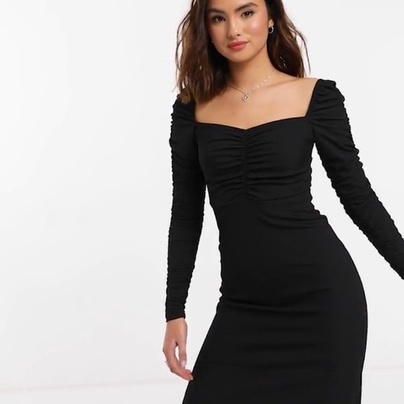 NWT Topshop Black Ribbed Ruched Long Sleeve Midi Dress. Size US 2. Stretchy! - Picture 3 of 15